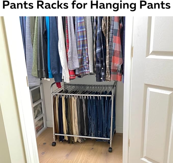Evelots Pants Rack with 20 Pants Hangers Rolling Trolley Cart - Skirt Hangers, Jean Organizer for Closet