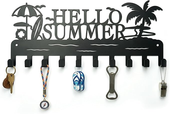 Metal Key Holder Wall Mount, Coastal Tropical Key Rack Hooks, Hello Summer Beach Wall Art Organizer for Entryway, Kitchen, Hallway, Garage, Farmhouse Home Decor & Housewarming Gift (Hello Summer)