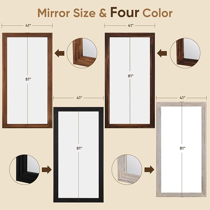 Full Length Mirror, 81"x41" Wooden Mirror Full Length with Stand Wood Floor Mirror, Oversized Stand Up Mirrors Large Wall Mirrors, Wall Mounted Mirrors, Rect Wood Style, White