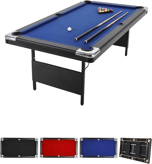 7 Foot Pool Table for Family, Foldable No Assembly Pool Table with Balls, Cues, Chalk, Rack & Brush, Portable Billiards Game Table for Apartment, Basement, Office & Game Room
