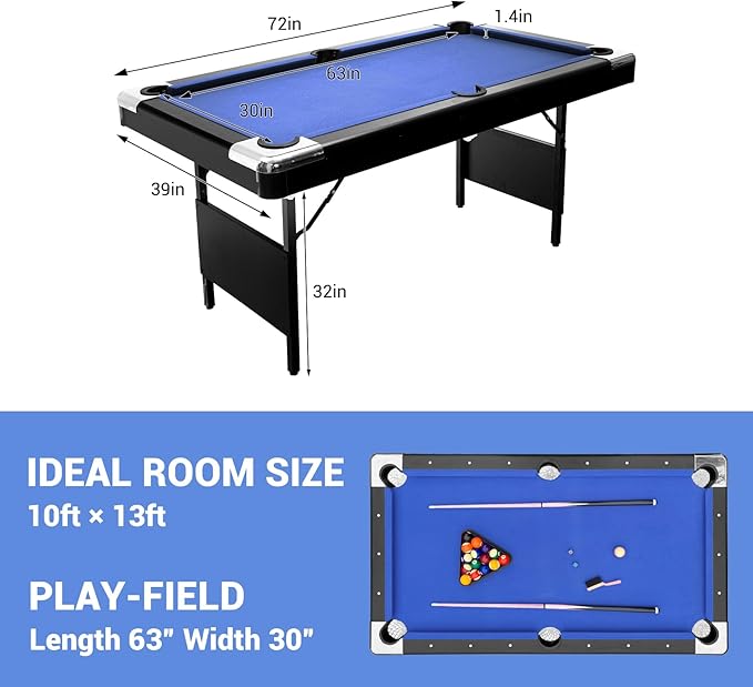 7 Foot Pool Table for Family, Foldable No Assembly Pool Table with Balls, Cues, Chalk, Rack & Brush, Portable Billiards Game Table for Apartment, Basement, Office & Game Room