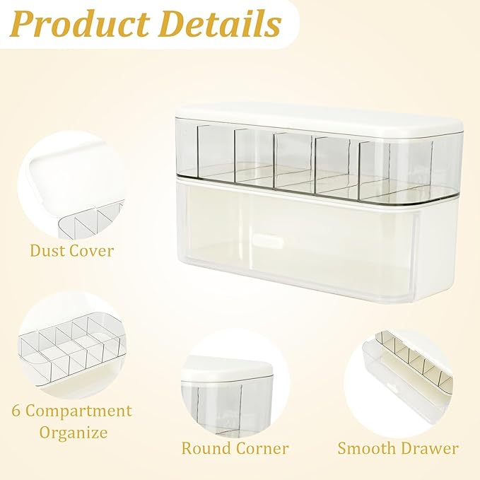 6-Compartment Cable Organizer Box with Lid & Drawer, Clear Plastic Storage Case for Power Cords, Chargers, Electronics, Makeup, and Jewelry – White Wire Management Container