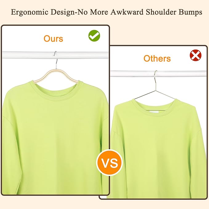 TOPIA HANGER Sleek Wooden Hangers with Non-Slip Rubber Grips, Sweater Hangers No Shoulder Bump, Lightweight Clothes Hangers 10-Pack, 360° Swivel Hook and Pants Bar-CT63N