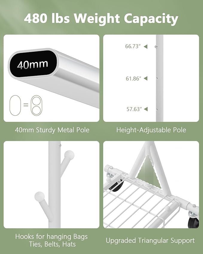 Hoctieon 1-Minute Assembly Clothes Rack, 480 lbs Heavy Duty Rolling Clothing Racks with Wheels, Foldable Garment Rack, Extendable Hanging Bar, Adjustable Metal Pole with Hooks, White