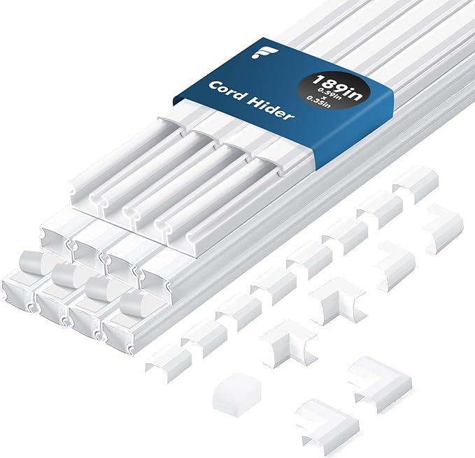 shinfly 189in Cord Hider Kit, Paintable Cable Raceway for Wall Mounted TV, Cord Covers for Wires on Wall, Wire Hider for TV Cables, White, 0.59” W x 0.35” H (15.75in x 12-Pack)