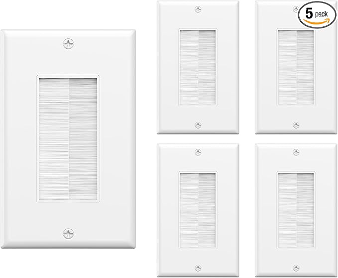 VCE Brush Wall Plate Cable Pass Through, Single Gang Decorator Wall Cover for Low Voltage Cables, In-Wall Cable Management for Wall Mount TV (White), 5-Pack