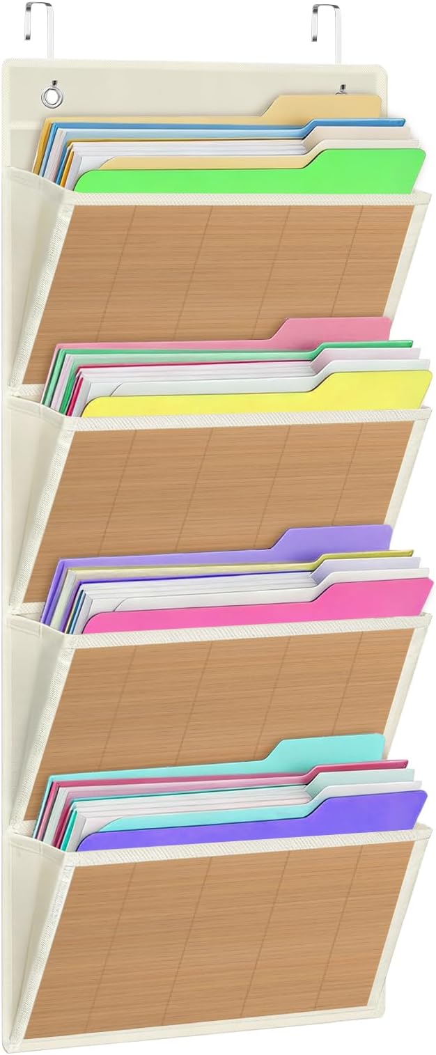 homyfort hanging wall file organizer, Over the door file folder organizer with 4 Large Bamboo Pockets, Suitable for Home, Office, Back to School Supplies Storage and Organization (Beige)