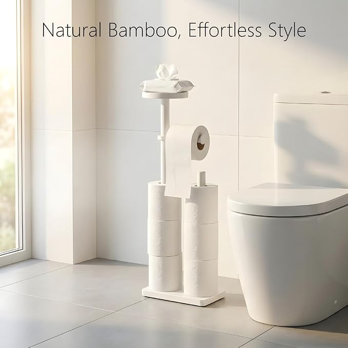 Toilet Paper Holders Free Standing, Holds up to 7 Rolls Toilet Paper Stand with Storage, Bathroom Toilet Paper Organizer with Top Shelf for Small Items, 1-Min Rotating-Lock Assembly, White,L
