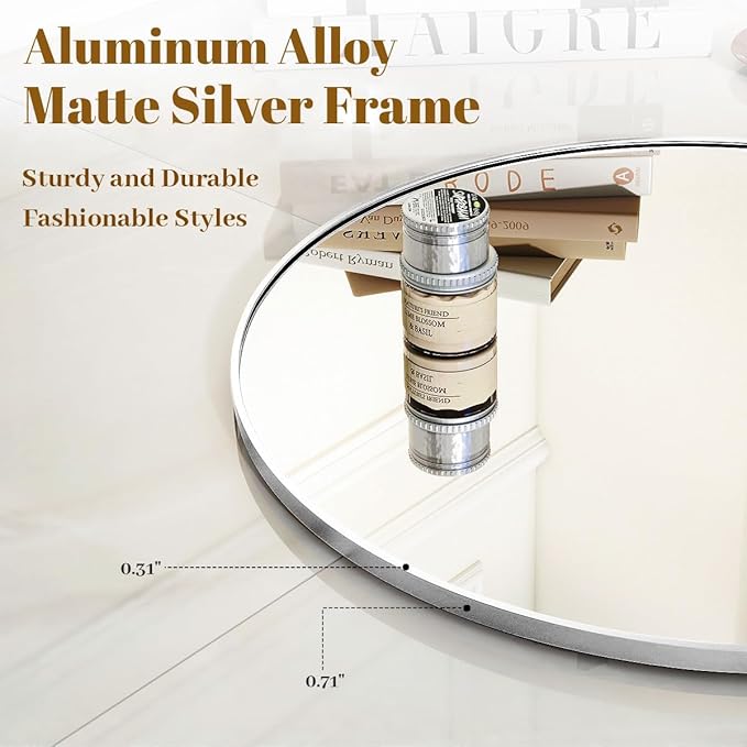 VooBang Silver Round Bathroom Mirror, 30 inch Circle Wall Mounted Hanging Mirror with Simple Modern Circular Metal Frame for Hallway, Entryway, Living Room, Silver Frame