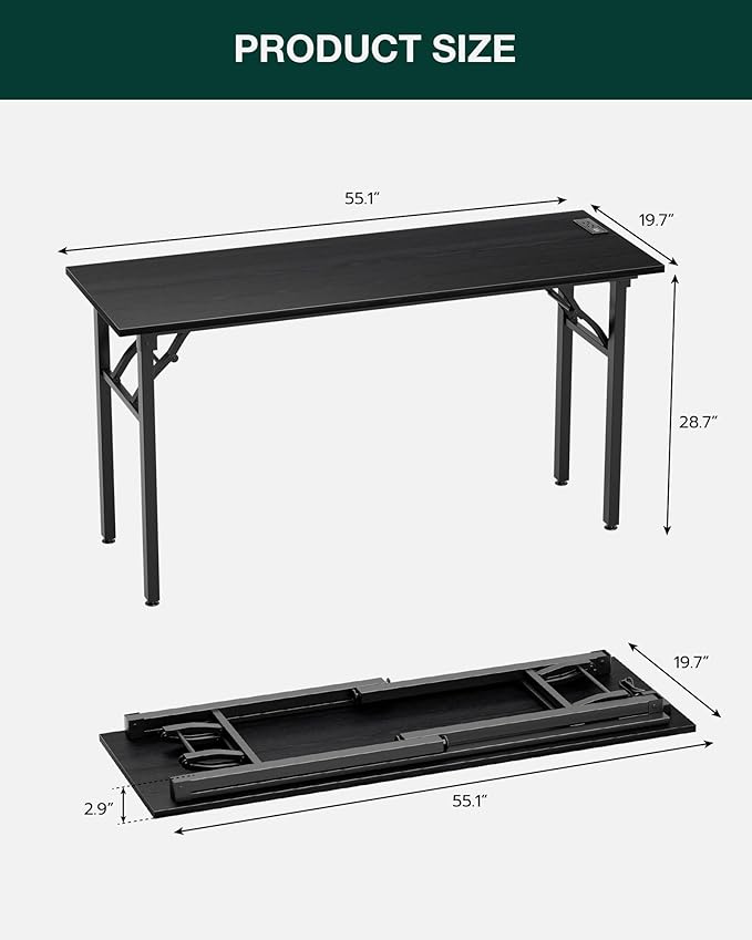 Frylr Small Folding Computer Desk – 55.1 Inch Portable Table for Craft and Study, Lightweight Desk for Small Spaces, Foldable Laptop Table Built-in AC/USB Outlets for Convenience, Dark Oak