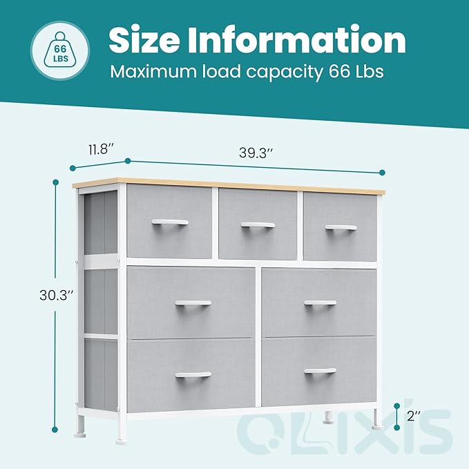 OLIXIS 7 Drawer Closet Organizer Chest, Fabric Storage Tower with Sturdy Steel Frame, Wooden Top & Easy Pull Fabric Bins, Dresser for Bedroom Living Room Entryway Clothes Organization, Light Gray