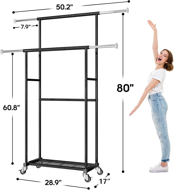 80" Tall Clothing Rack for Hanging Clothes 400 Lbs, Double Rod Rolling Clothes Rack with Lockable Wheels, Portable Garment Coat Rack for Bedroom Laundry Living Room, Black