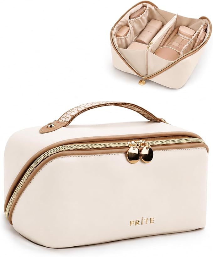 Prite Makeup Bag for Women Travel Waterproof Vegan Leather Cosmetic Bag Open Flat Toiletry Bag With Clear Divider and Handle (Beige, Medium)