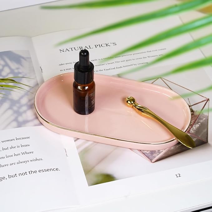 Ceramic Jewelry Dish, Perfume Vanity Tray, 7x4 Decorative Catch All Bowl for Trinket Key Ring, Small Bathroom Counter Tray, Soap Tray for Kitchen Sink (Pink)