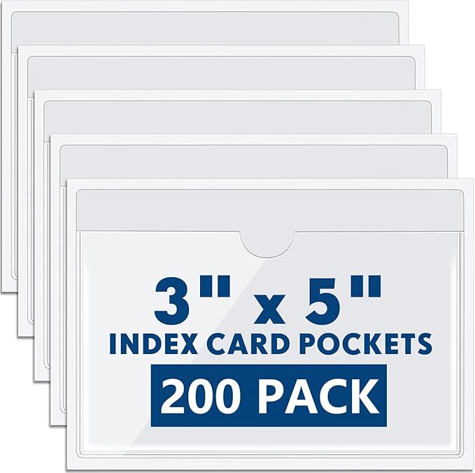 Outus 200 Pack 3 x 5 Inches Self Adhesive Label Pockets Bulk Plastic Labels Holders for Storage Bins Clear Classroom Nameplate Sleeves Index Card Tote Photos Waterproof Protect Office