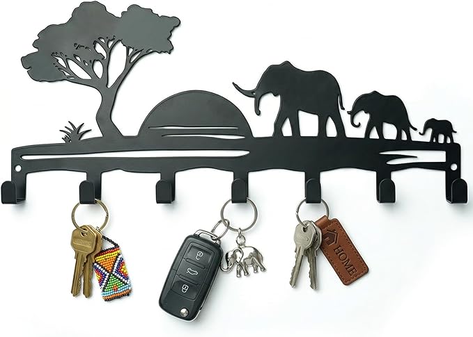 Metal Key Holder Wall Mount, African Safari Key Rack Hooks, Elephant Family Sunset Wall Art Organizer for Entryway, Kitchen, Hallway, Garage, Farmhouse Home Decor & Housewarming Gift (Elephant)