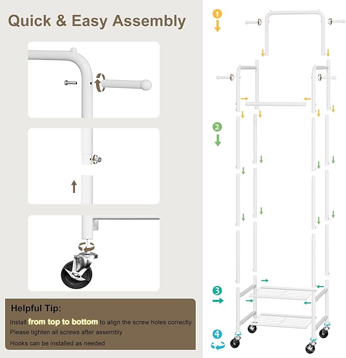 Clothing Rack with Wheels, 71" Portable Rolling Clothes Rack with 2 Shelves and 4 Hanging Rods, Small Garment Rack with 4 Hooks, Sturdy Metal Coat Rack for Bedroom, Laundry Room, White