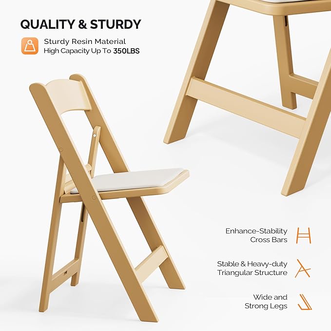 VINGLI Resin Folding Chairs with Cushion, Foldable Plastic Chair with Comfortable Padded Seats, Perfect for Event Party Indoor Outdoor, Natural, 4 PC
