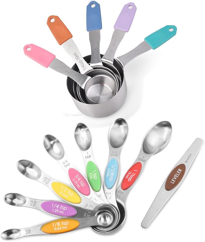 13-Piece All-Magnetic Measuring Cups and Spoons Set, 430 Stainless Steel Metal Measuring Cup and Spoon Set with Silicone Handles & Leveler for Baking Cooking (Multi-color)