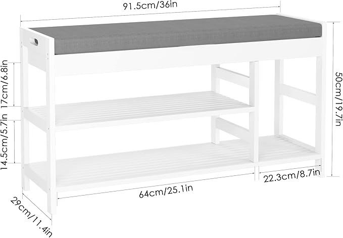 HIFIT 2-Tier Entryway Shoe Rack Bench with Storage, 36 in Bamboo Storage Bench with Padded Seat, Shoe Oiganizer Shelf for Entryway Mudroom Bathroom Hallway, White