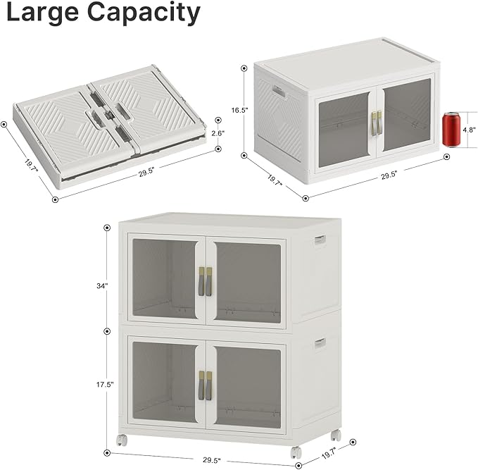 UAMFURI Stackable Storage Bins with Lids, Clear Doors, Large Storage Cabinet Foldable Collapsible Closet Organizers for Bedroom Dorm Office (2, White, 160, Quarts)