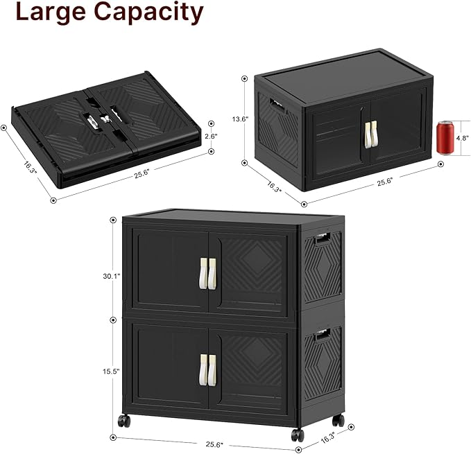 UAMFURI Stackable Storage Bins with Lids, Clear Doors, Large Storage Cabinet Foldable Collapsible Closet Organizers for Bedroom Dorm Office (2, Black, 120, Quarts)