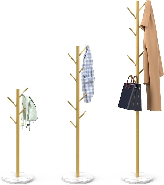 Durmmur Heavy Duty Coat Rack with Natural Marble Base, Freestanding Metal Coat Stand with 8 Hooks, Modern Stable Coat Hanger Tree for Bags, Jacket, Clothes, and Hats, Gold Metal