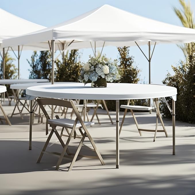 PRO&Family Commercial Round Folding Table, White Top, Powder-Coated Steel Frame, High-Impact Polyethylene Construction, Perfect for Wedding, Party, Shool, Church. (9, 72" Bi-Fold)