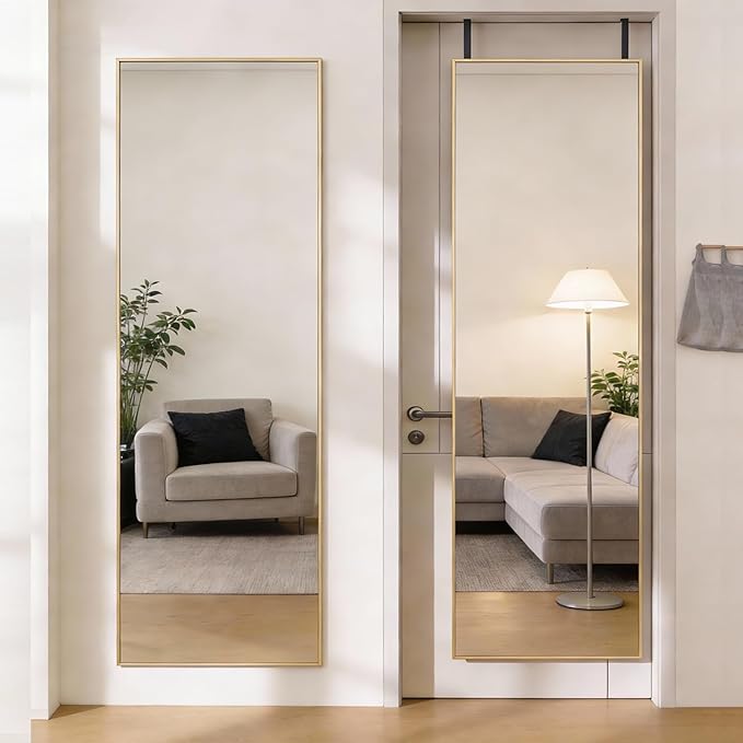 DUMOS 47x14 Full Length Mirror Over the Door, Wall Mounted Full Body Mirror, Door Hanging Metal Aluminum Alloy Frame Dressing Mirror for Bedroom, Living Room, Entryway, Gold