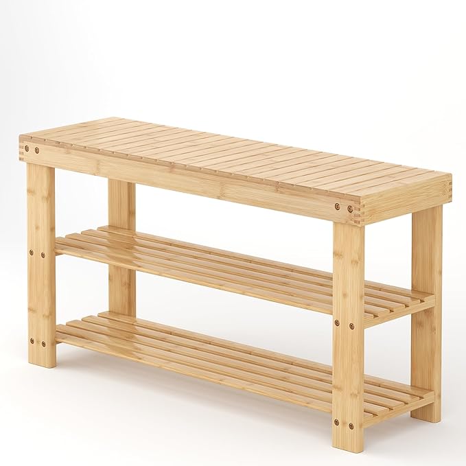 NEWBULIG Shoe Rack Bench, 3-Tier Bamboo Shoe Organizer, Wooden Entryway Storage Bench, 286 lb Load Capacity, 11.2x35.5x17.9 Inches, for Entryway Bathroom Bedroom Balcony, Wood