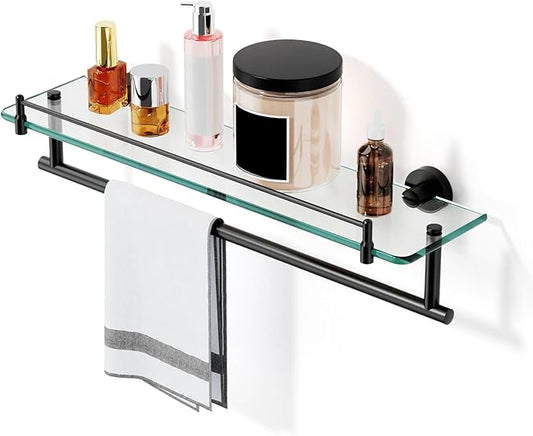 20-Inch Tempered Glass Bathroom Shelf with Towel Bar - Matte Black & Stainless Steel, Wall Mount Rustproof Tower Rail with Shelves