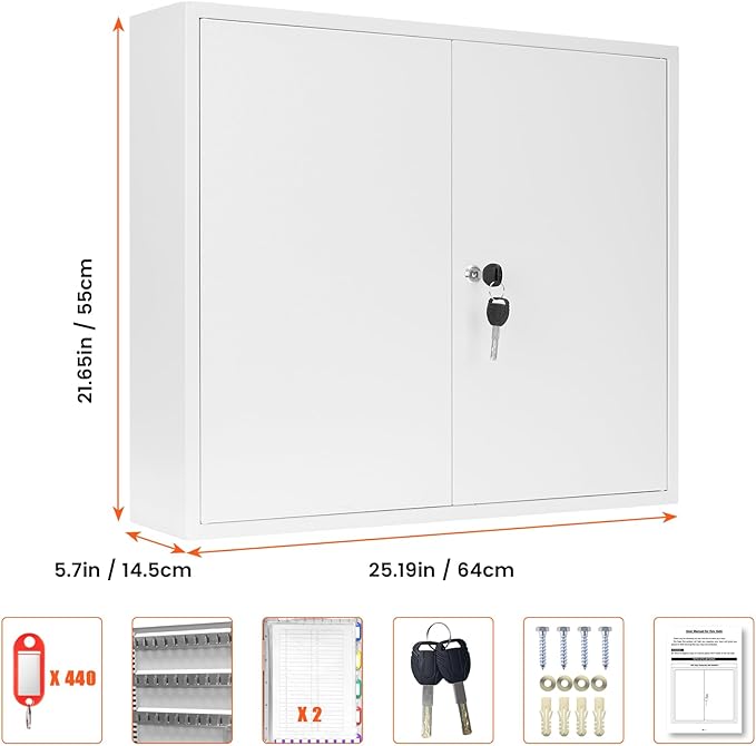440 Keys Dual-Door Key Lock Box Wall Mount with 20 Adjustable Hook Plates, Numbered Hooks and Tags, Steel Key Cabinet with Index Log, Key Storage Box Key Organizer for Garage Home Office, White