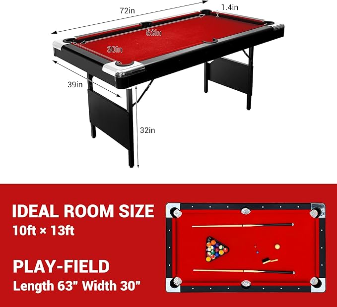 7 Foot Pool Table for Family, Foldable No Assembly Pool Table with Balls, Cues, Chalk, Rack & Brush, Portable Billiards Game Table for Apartment, Basement, Office & Game Room