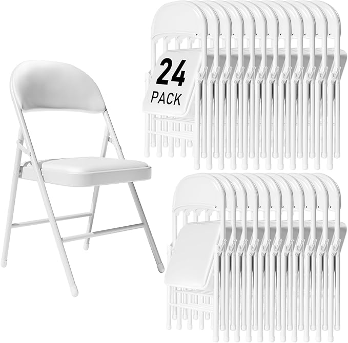 24 Pack White Folding Chairs with Padded Cushion and Back for Outside Portable Stackable Commercial Foldable Chairs with Steel Frame for Events Office Wedding Party, 350lbs Capacity