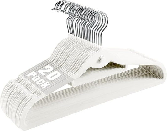 20 Pack Velvet Slim Non-Slip White Hangers - Space Saving Clothes Hangers with 360° Swivel Hook for Heavy Duty Adult Clothes