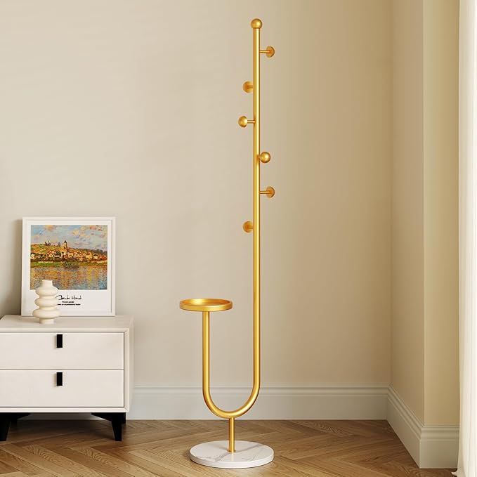 Coat Rack,Metal Free Standing Coat Stand with marble base, Hall Coat Tree with 6 Hooks and Storage Tray,68.9 Inch Tall, for Coats, Hats, Bags, for Entryway, Hallway, Bedroom