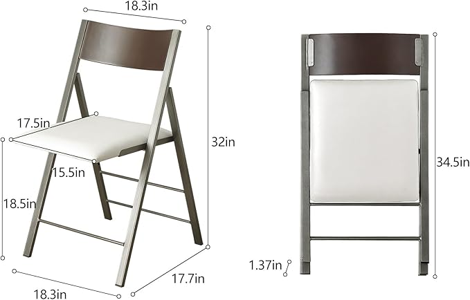 Folding Chairs with Cushion 2 Pack - Heavy Duty Steel Frame Foldable Dining Chairs, Waterproof Leather Indoor Outdoor Padded Chairs for Home, Conference Rooms,Weddings, Events (White)