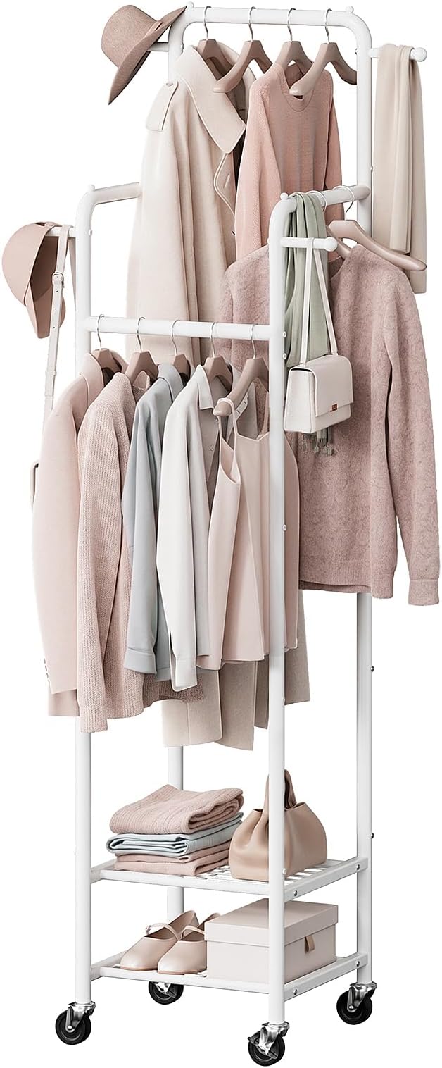 Clothing Rack with Wheels, 71" Portable Rolling Clothes Rack with 2 Shelves and 4 Hanging Rods, Small Garment Rack with 4 Hooks, Sturdy Metal Coat Rack for Bedroom, Laundry Room, White
