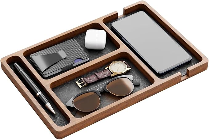 Wooden Valet Tray for Men, Nightstand Organizer with Compartments, EDC Catch All Tray for Keys, Wallet, Watch, Phone, Jewelry, Dresser Desk Organizer