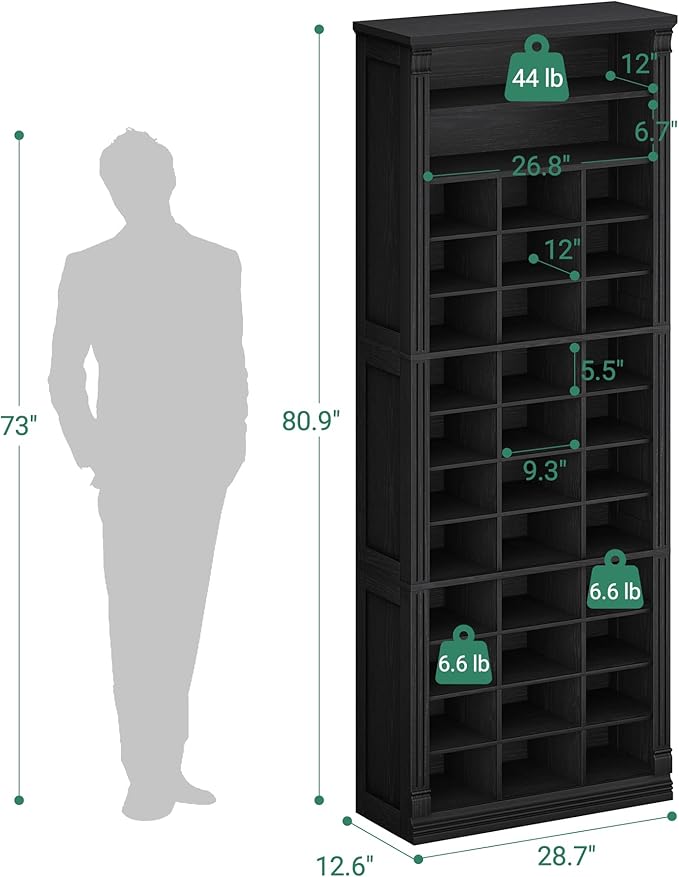 Hzuaneri 13 Tiers Shoe Storage Cabinet, Tall Shoe Cabinet with Cubby, Wooden Shoes Organizer for Closet, 39 Pairs, Shoes Cubby Organizer for Entryway, Hallway, Bedroom, Black SR31004X