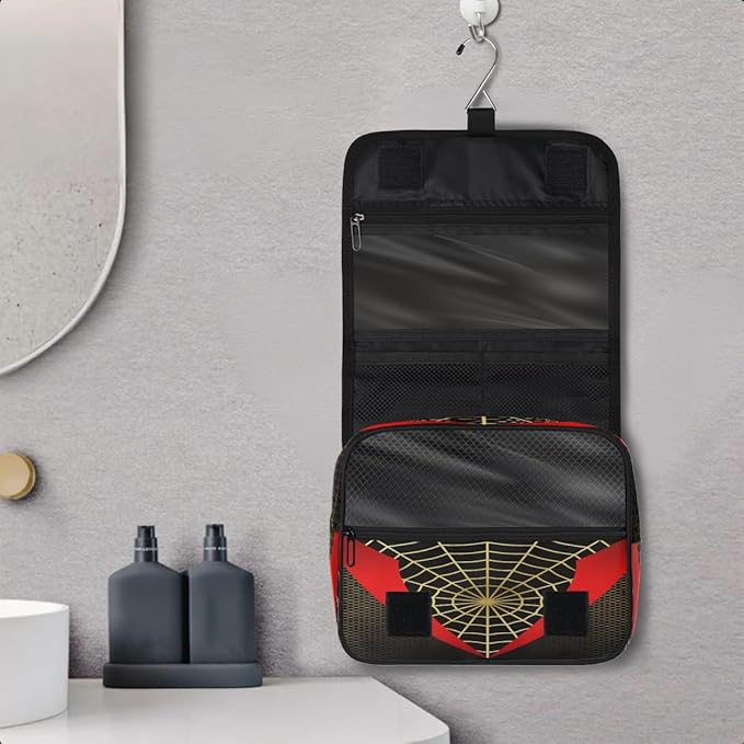 AUUXVA Kids Hanging Toiletry Bag for Boys - Waterproof Travel Cosmetic Organizer Makeup Pouch for Girls Shower Wash Bags with Hanging Hook Toiletries Storage Bag(Spider Web)