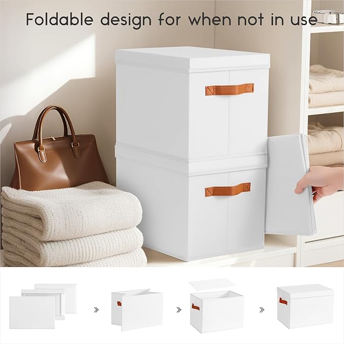 Homsorout Storage Bins with Lids - Large Fabric Closet Bins with Lid, 6 Pack Clothes Organizers and Storage, Collapsible Stackable Cube Basket for Home, Office, Dorm, White