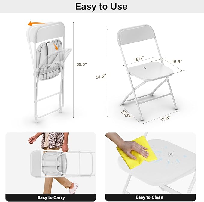 VINGLI White Plastic Folding Chairs, Set of 2, Heavy-Duty Commercial Seats with Steel Frame, 350 lb Capacity, for Indoor & Outdoor Events, Office, Wedding, Party & Dining (2, White, S)
