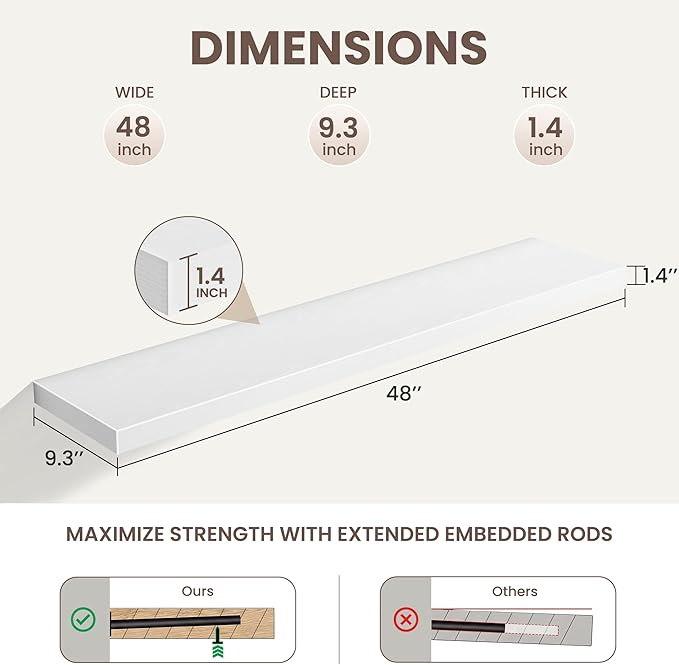 Floating Shelves for Wall,48 Inch Wall Mounted Rustic Wood Shelves,9.3" Deep Wall Shelf with Invisible Brackets,Large Deep Floating Shelf for Bathroom,Bedroom,Living Room,Book/Storage/Decor,White