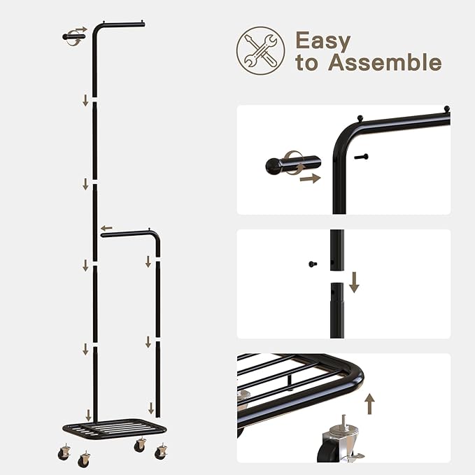 Small Clothes Rack with Wheels, 71" Portable Rolling Clothing Rack with Bottom Metal Shelf, Garment Rack with Hanging Rod, Sturdy Freestanding Coat Rack for Bedroom, Entryway, Black