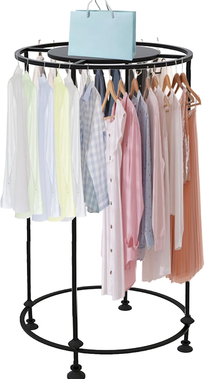 Freestanding Round Garment Display Retail Rack, Floor-Standing Double Space Multi-Purpose Metal Shelf for Clothes Storage, Commercial Clothing Organizer in Retail Boutiques (Black, 31.5"x 51.2")