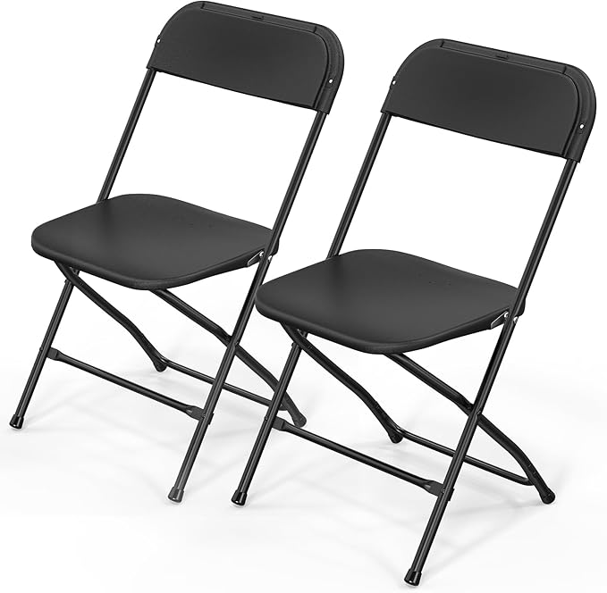 VINGLI Black Plastic Folding Chairs, Set of 2, Heavy-Duty Commercial Seats with Steel Frame, 350 lb Capacity, for Indoor & Outdoor Events, Office, Wedding, Party & Dining (2, Black, S)