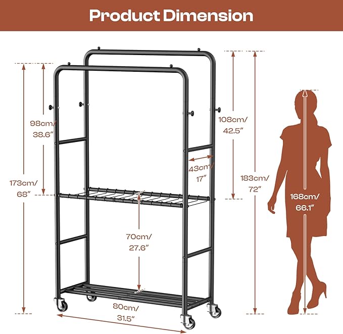 Clothes Rack - 4-Bar Double Rod Clothing Rack with 15 Pants Racks - Rolling Clothes Rack with Shelves - Portable Garment Rack for Bedroom Laundry Room Closet - Black