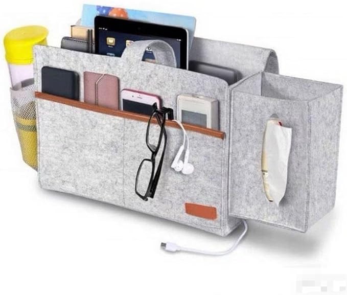 Bedside Caddy - Hanging Storage Pouch for Bedside, Couch, Dorm Room - Multi-Pocket Wall Mounted Felt Storage Organizer for Bedroom,With Tissue Box Cover Holde (Light Gray)