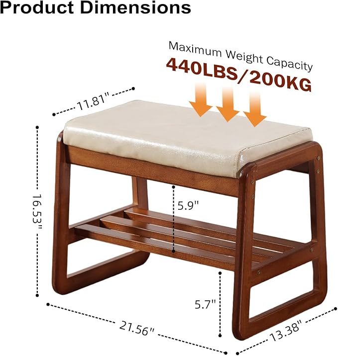 SOBIBO Solid Wood Shoe Bench, 2-Tier Wooden Entryway Bench, Modern Shoe Rack with Faux Leather Cushion for Hallway, Living Room (Gray, 21.65'')